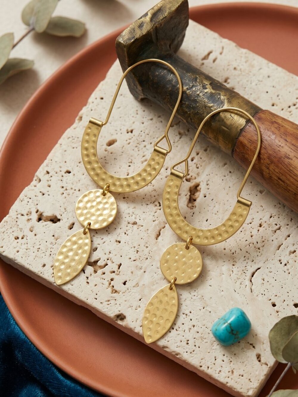 Boho Hammered Brass Dangle Earrings Triple Drop Statement Artisan Gold Tone 3.5"